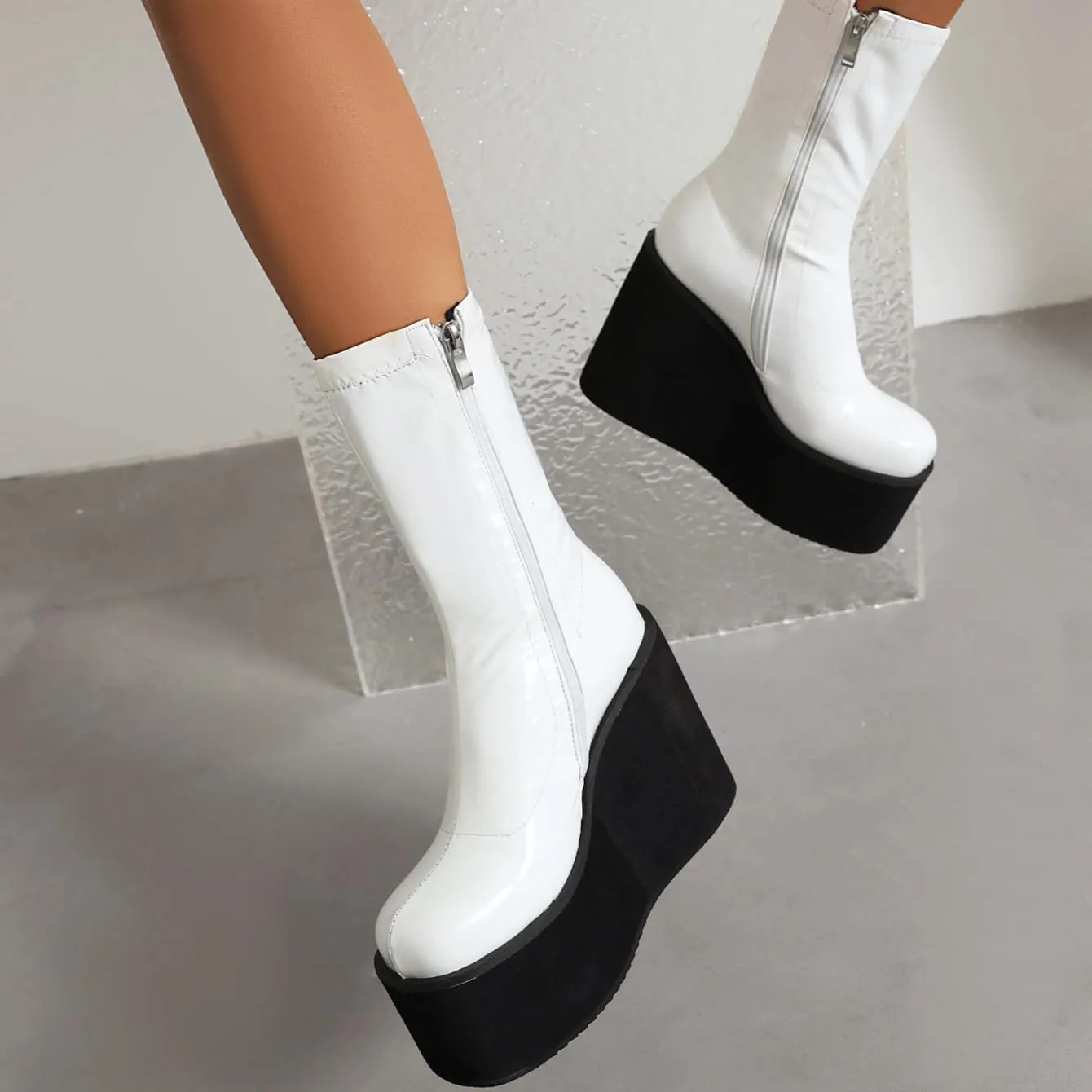 Goth GoGo Boots Mid Calf Platform Boots Patent Wedge Combat Boots Round Toe Side Zipper Punk Motorcycle Boots Rave Ankle Boots Prom Walking Dress Wedding Shoes