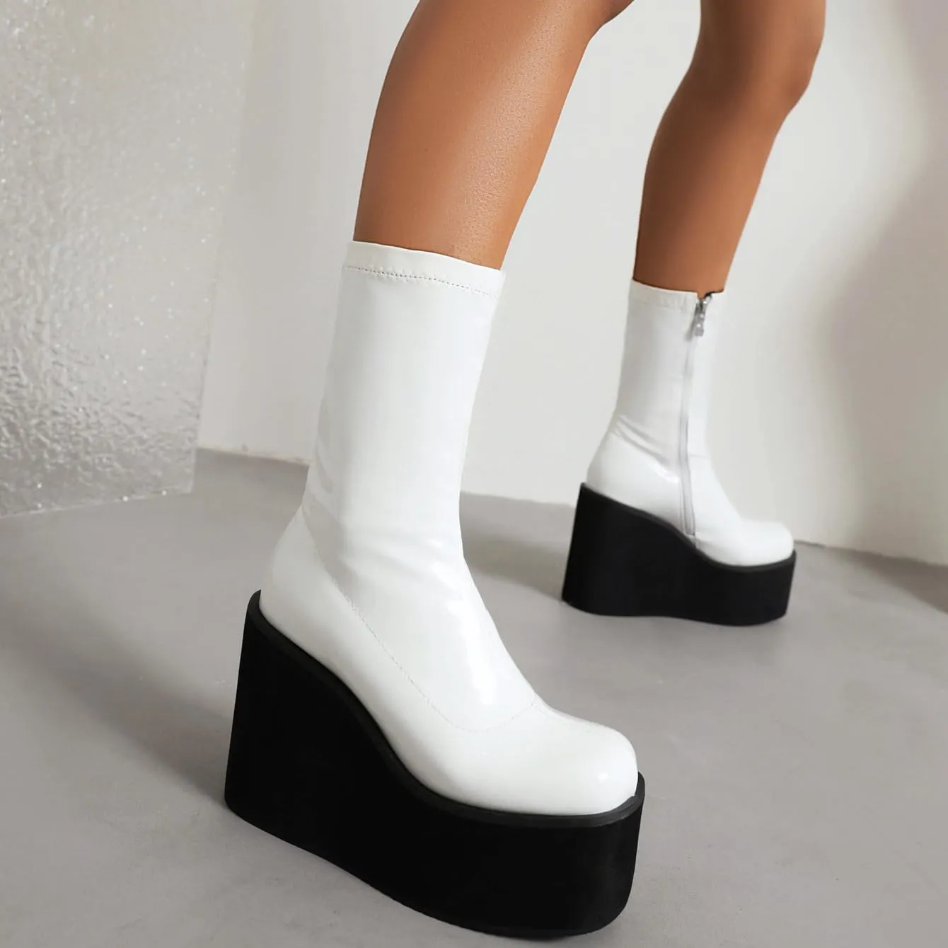 Goth GoGo Boots Mid Calf Platform Boots Patent Wedge Combat Boots Round Toe Side Zipper Punk Motorcycle Boots Rave Ankle Boots Prom Walking Dress Wedding Shoes