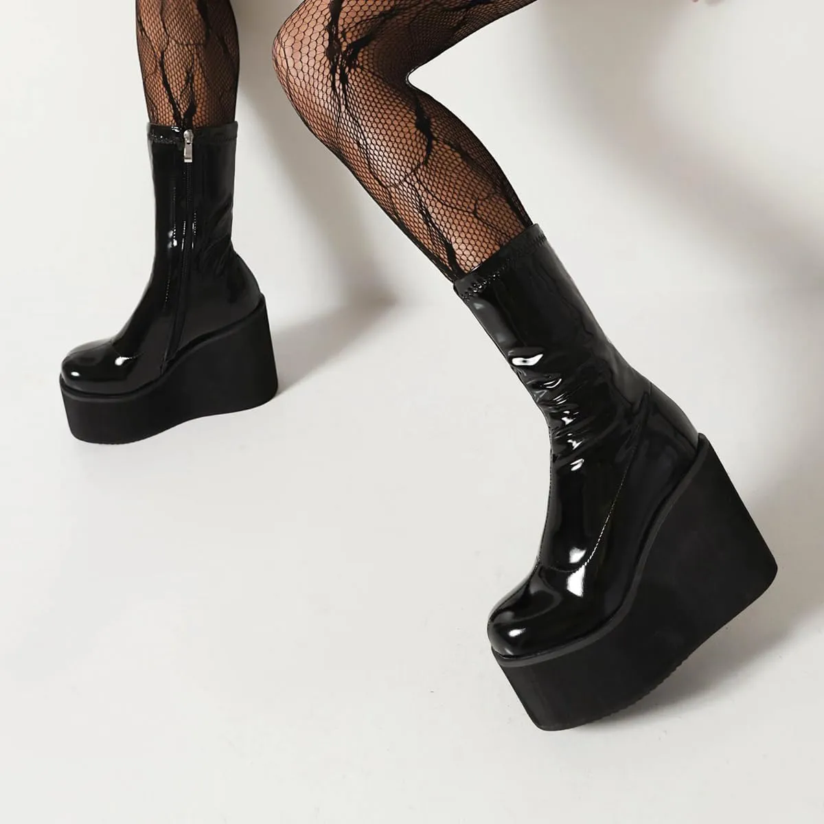 Goth GoGo Boots Mid Calf Platform Boots Patent Wedge Combat Boots Round Toe Side Zipper Punk Motorcycle Boots Rave Ankle Boots Prom Walking Dress Wedding Shoes