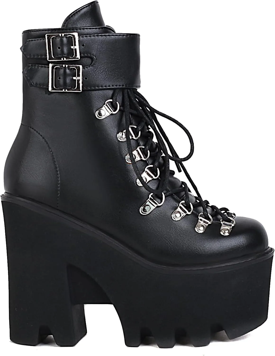 Goth Platform Ankle Boots Chunky High Heel Booties Buckle Punk Combat Boots Lace Up Round Toe Side Zipper Motorcycle Rave Prom Walking Dress Wedding Shoes