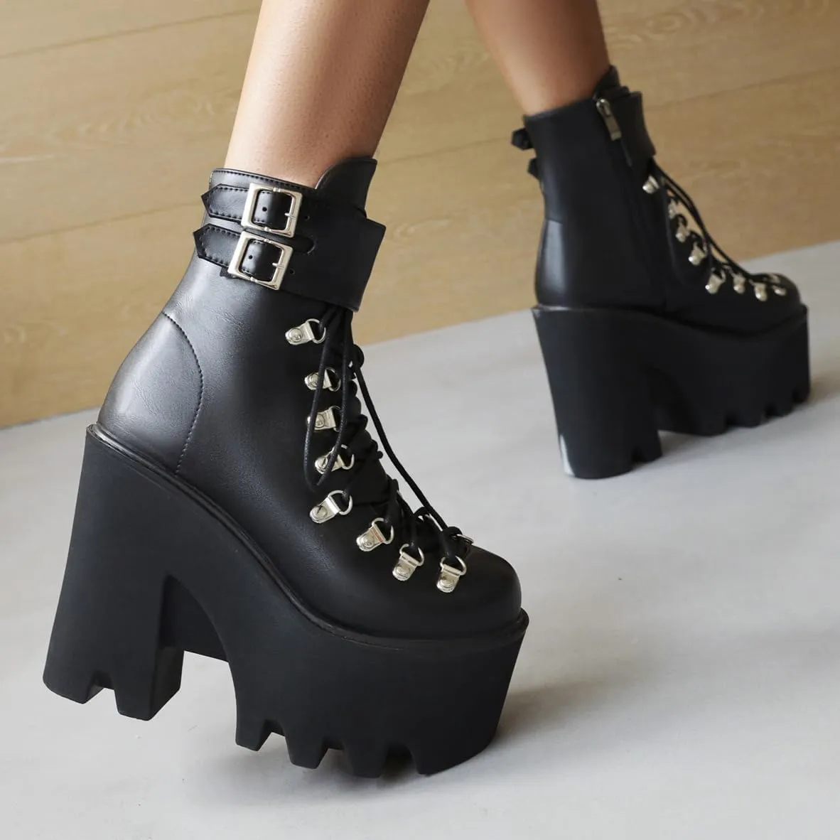 Goth Platform Ankle Boots Chunky High Heel Booties Buckle Punk Combat Boots Lace Up Round Toe Side Zipper Motorcycle Rave Prom Walking Dress Wedding Shoes