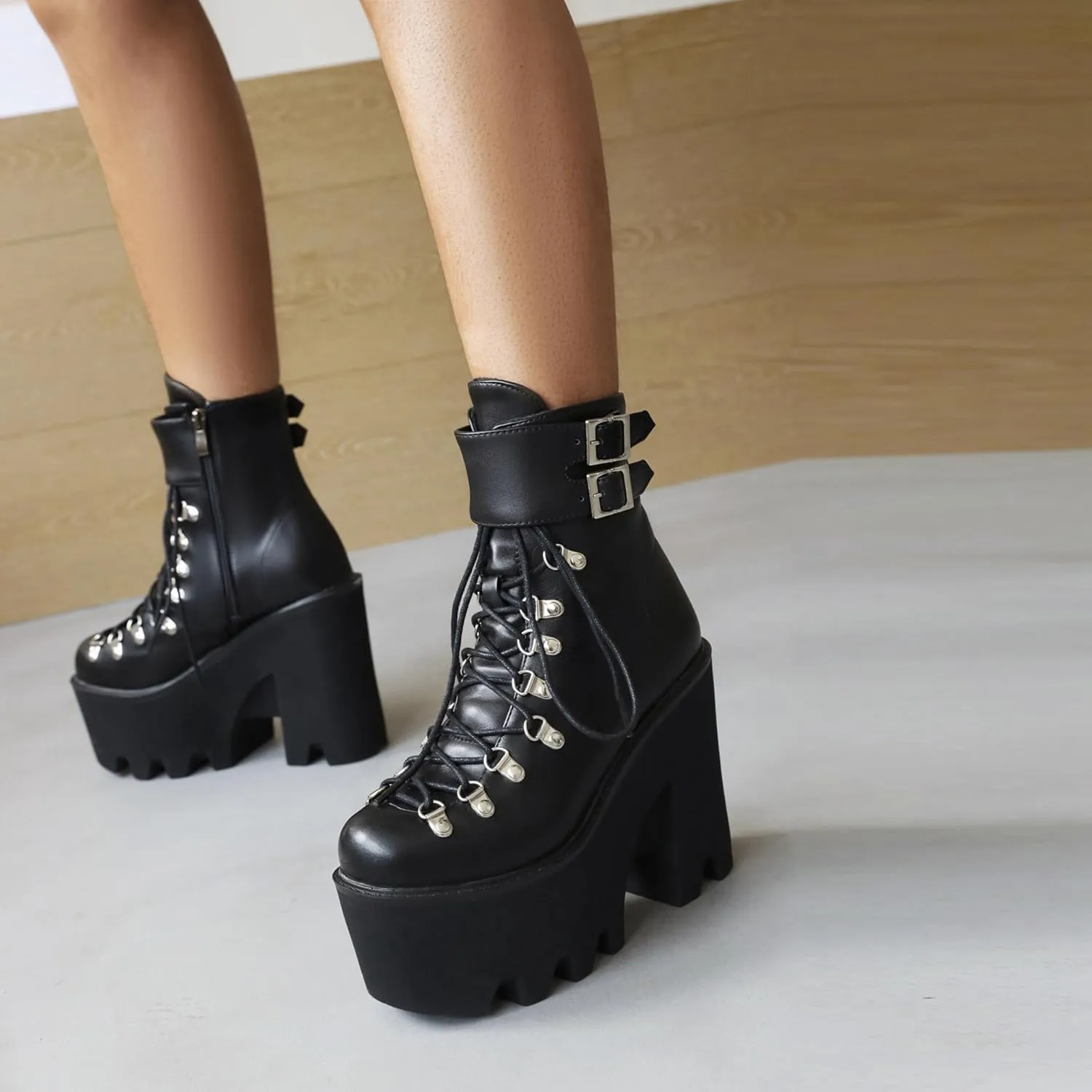 Goth Platform Ankle Boots Chunky High Heel Booties Buckle Punk Combat Boots Lace Up Round Toe Side Zipper Motorcycle Rave Prom Walking Dress Wedding Shoes