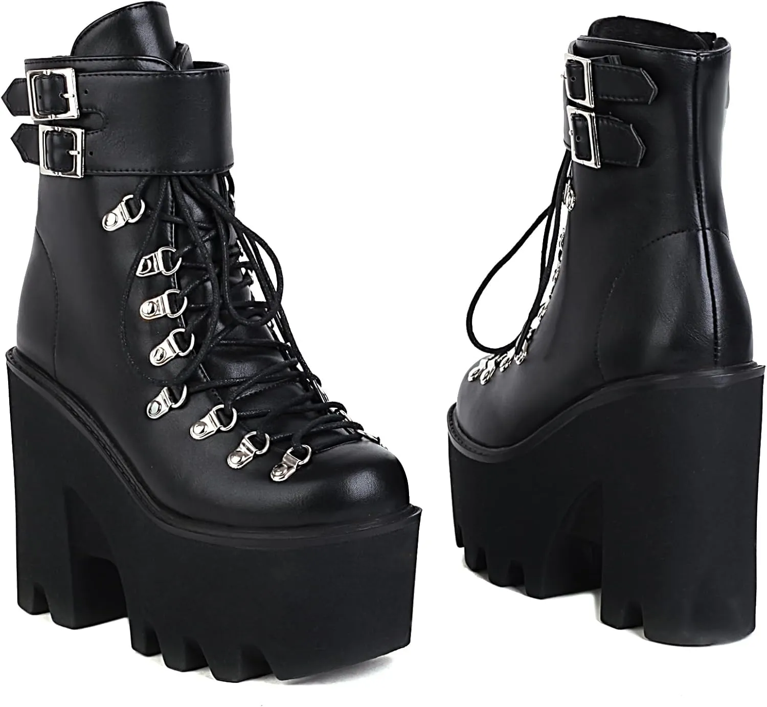 Goth Platform Ankle Boots Chunky High Heel Booties Buckle Punk Combat Boots Lace Up Round Toe Side Zipper Motorcycle Rave Prom Walking Dress Wedding Shoes