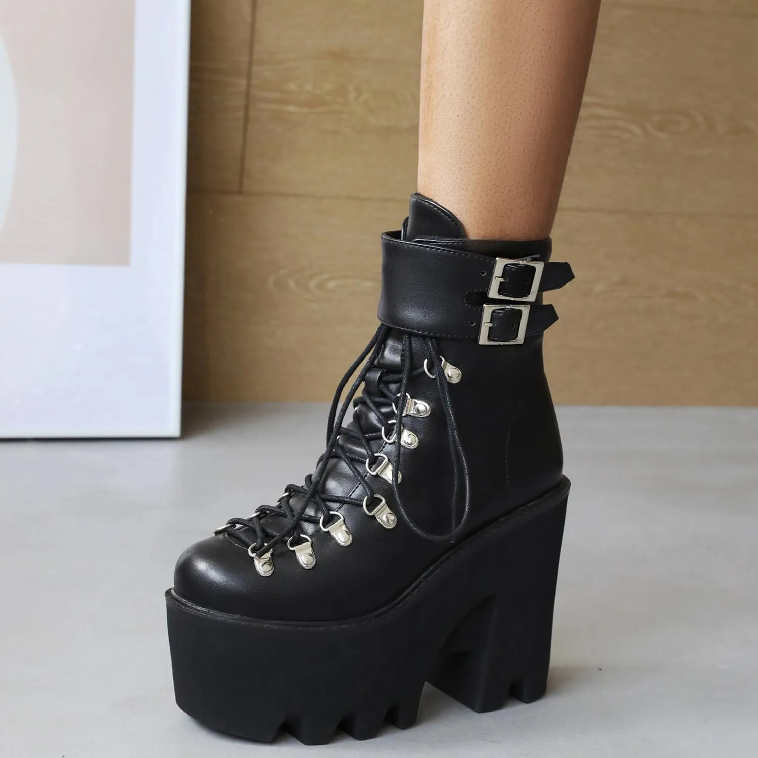 Goth Platform Ankle Boots Chunky High Heel Booties Buckle Punk Combat Boots Lace Up Round Toe Side Zipper Motorcycle Rave Prom Walking Dress Wedding Shoes