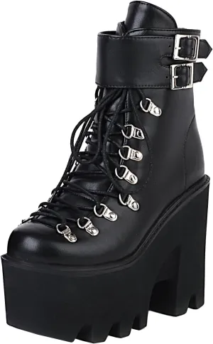Goth Platform Ankle Boots Chunky High Heel Booties Buckle Punk Combat Boots Lace Up Round Toe Side Zipper Motorcycle Rave Prom Walking Dress Wedding Shoes
