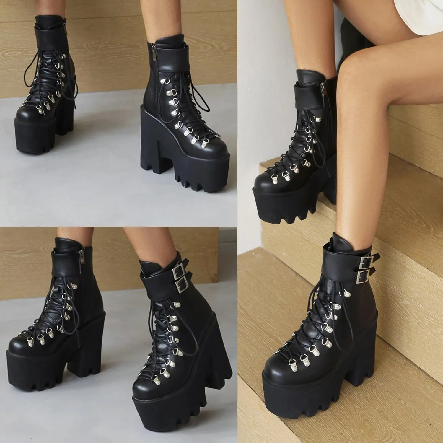 Goth Platform Ankle Boots Chunky High Heel Booties Buckle Punk Combat Boots Lace Up Round Toe Side Zipper Motorcycle Rave Prom Walking Dress Wedding Shoes