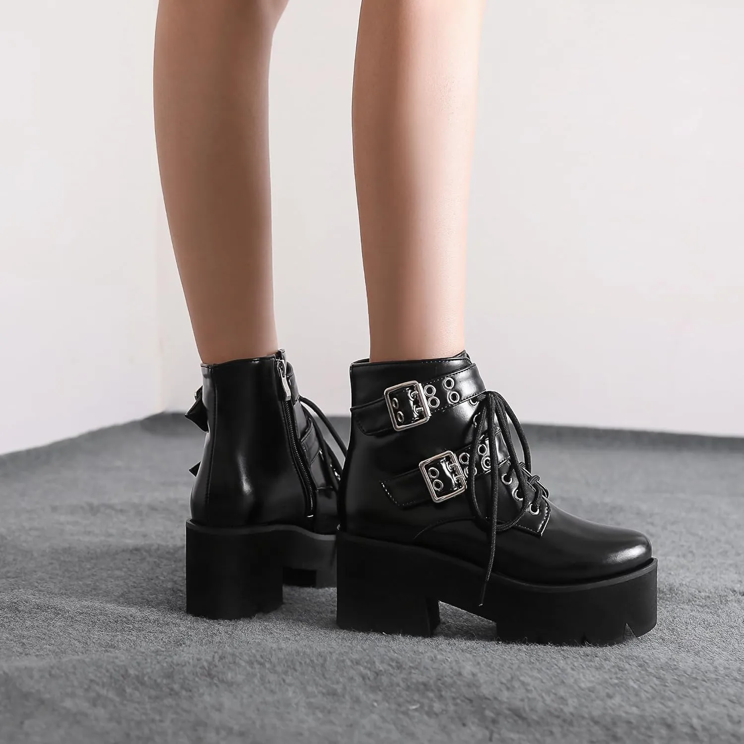 High Platform Goth Boots Chunky Heeled Combat Gothic Boots Buckle Lace Up Round Toe Ankle Booties Punk Motorcycle Boots Side Zipper Prom Rave Boots Walking Dress Wedding Shoes