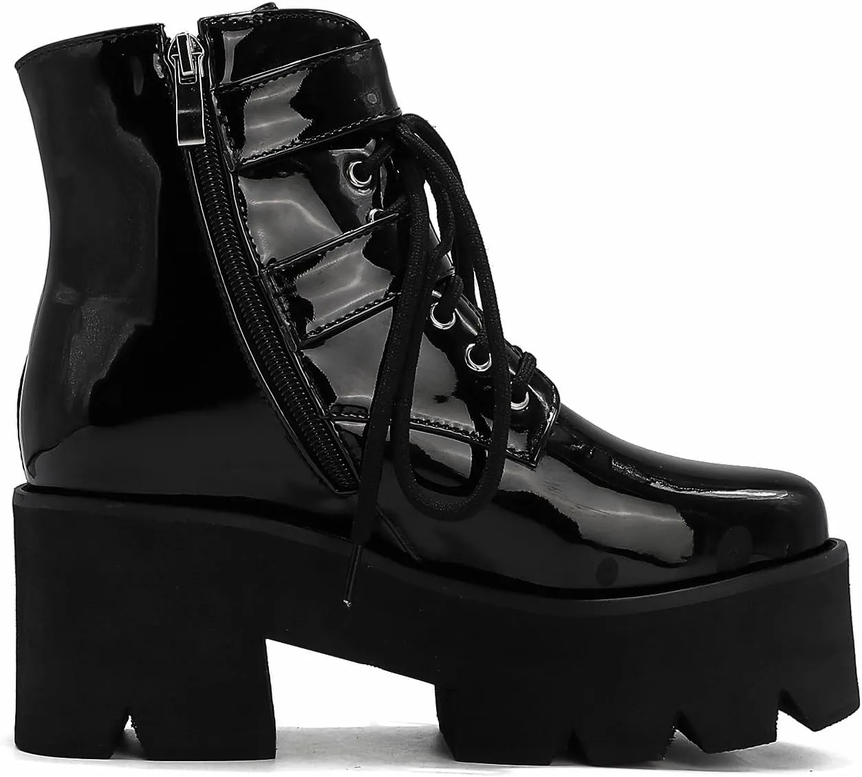 High Platform Goth Boots Chunky Heeled Combat Gothic Boots Buckle Lace Up Round Toe Ankle Booties Punk Motorcycle Boots Side Zipper Prom Rave Boots Walking Dress Wedding Shoes