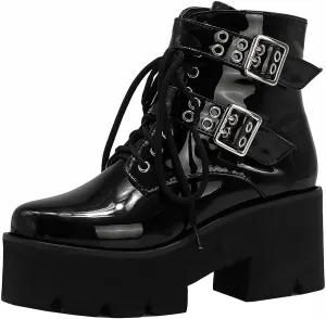 High Platform Goth Boots Chunky Heeled Combat Gothic Boots Buckle Lace Up Round Toe Ankle Booties Punk Motorcycle Boots Side Zipper Prom Rave Boots Walking Dress Wedding Shoes