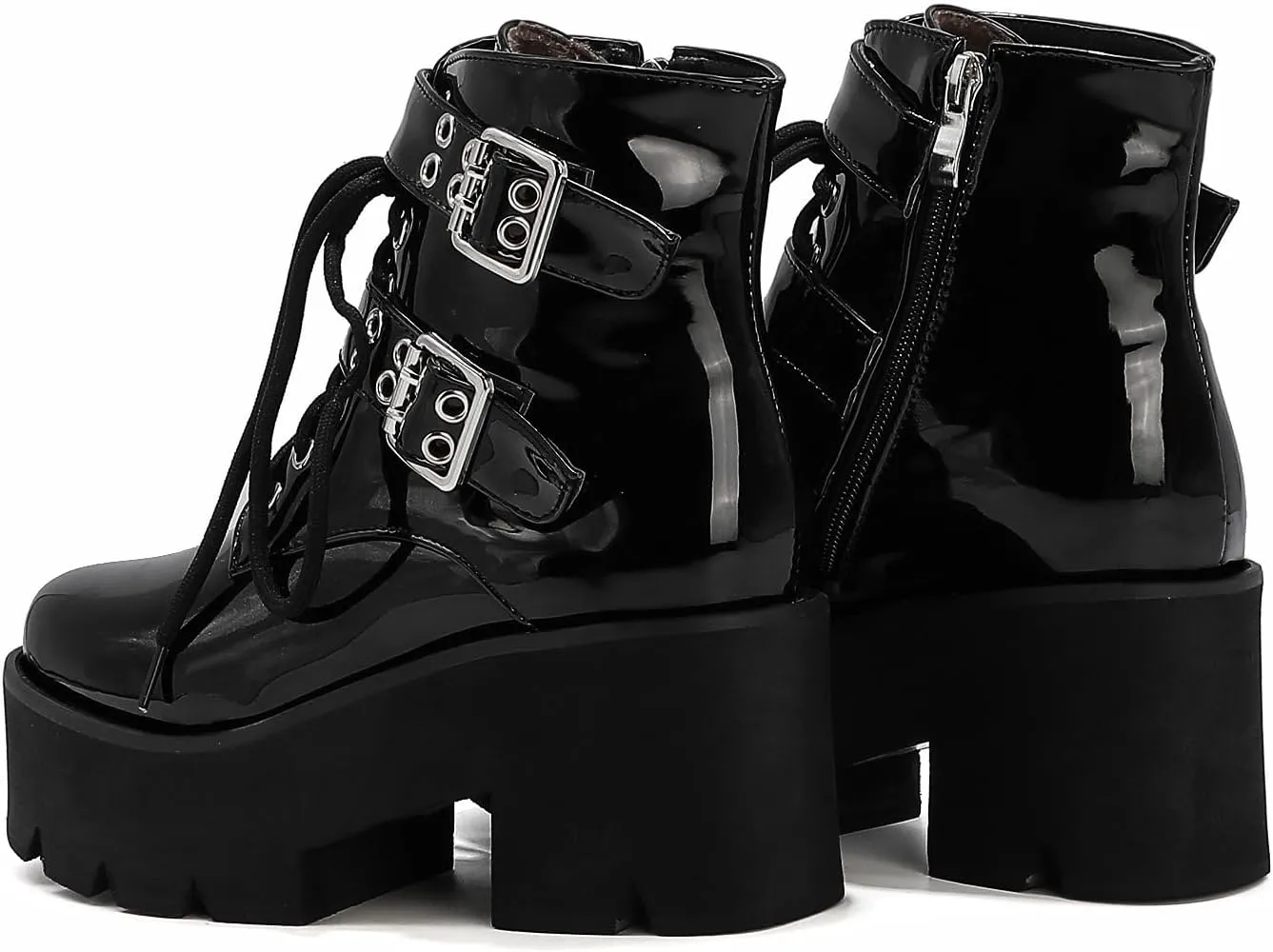 High Platform Goth Boots Chunky Heeled Combat Gothic Boots Buckle Lace Up Round Toe Ankle Booties Punk Motorcycle Boots Side Zipper Prom Rave Boots Walking Dress Wedding Shoes