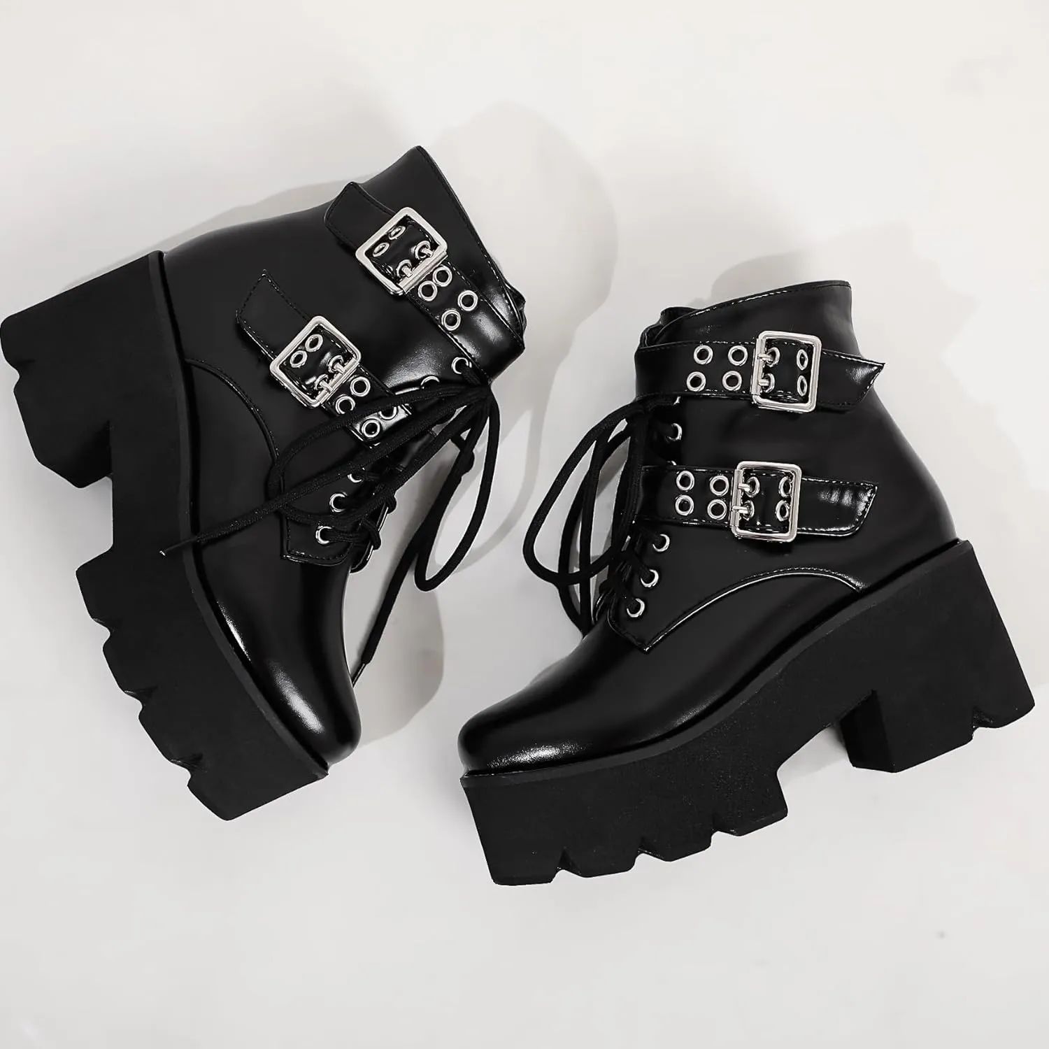 High Platform Goth Boots Chunky Heeled Combat Gothic Boots Buckle Lace Up Round Toe Ankle Booties Punk Motorcycle Boots Side Zipper Prom Rave Boots Walking Dress Wedding Shoes
