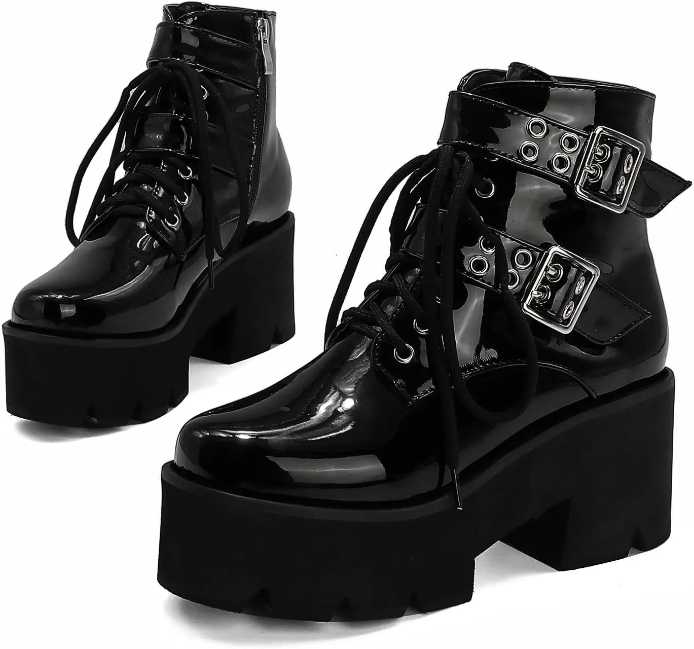 High Platform Goth Boots Chunky Heeled Combat Gothic Boots Buckle Lace Up Round Toe Ankle Booties Punk Motorcycle Boots Side Zipper Prom Rave Boots Walking Dress Wedding Shoes