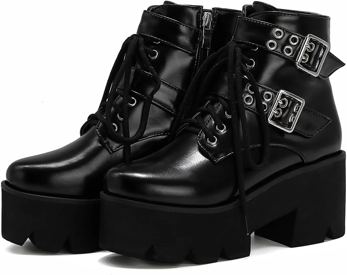 High Platform Goth Boots Chunky Heeled Combat Gothic Boots Buckle Lace Up Round Toe Ankle Booties Punk Motorcycle Boots Side Zipper Prom Rave Boots Walking Dress Wedding Shoes