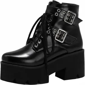 High Platform Goth Boots Chunky Heeled Combat Gothic Boots Buckle Lace Up Round Toe Ankle Booties Punk Motorcycle Boots Side Zipper Prom Rave Boots Walking Dress Wedding Shoes