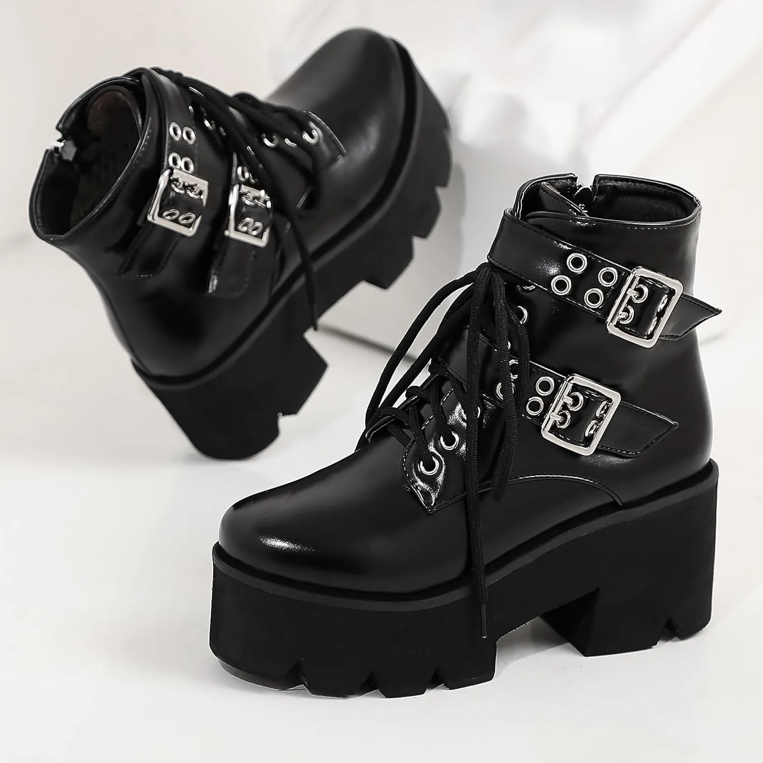 High Platform Goth Boots Chunky Heeled Combat Gothic Boots Buckle Lace Up Round Toe Ankle Booties Punk Motorcycle Boots Side Zipper Prom Rave Boots Walking Dress Wedding Shoes