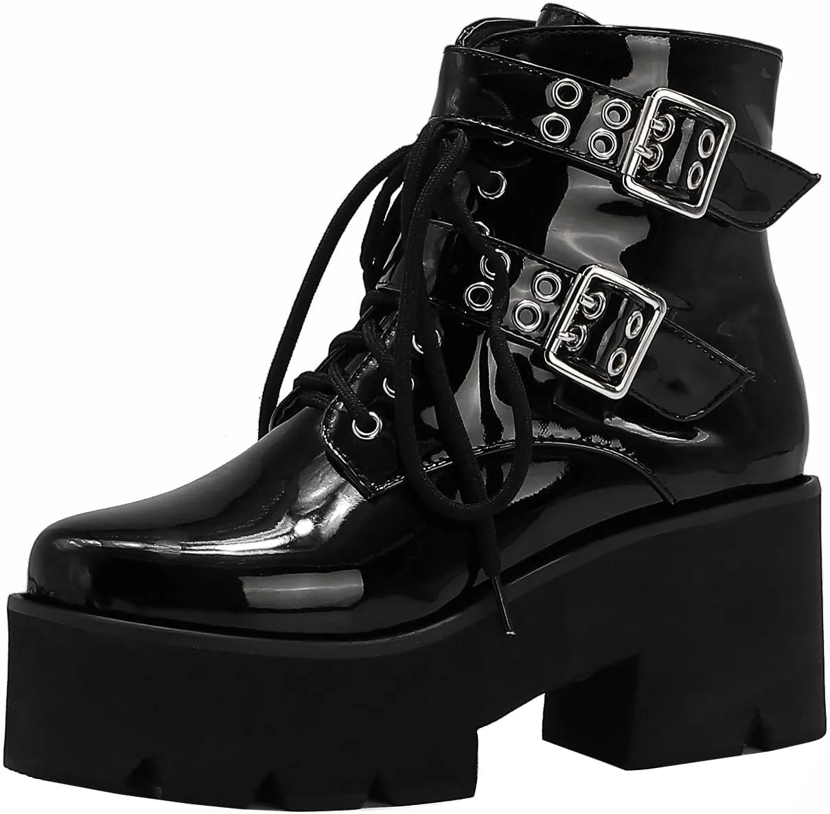 High Platform Goth Boots Chunky Heeled Combat Gothic Boots Buckle Lace Up Round Toe Ankle Booties Punk Motorcycle Boots Side Zipper Prom Rave Boots Walking Dress Wedding Shoes