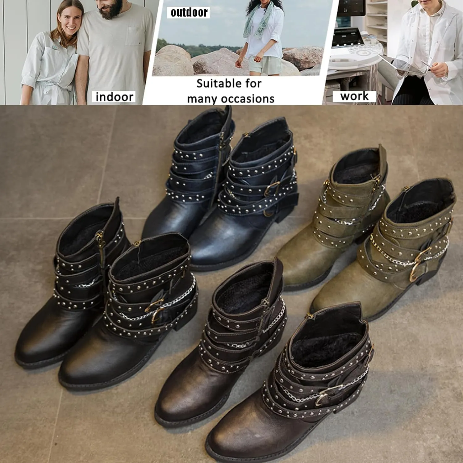 HINDOLA Womens Ankle Boots Almond Toe High Chunky Block Stacked Heels Ankle Booties Motorcycle Boots Low Heeled Booties for Women