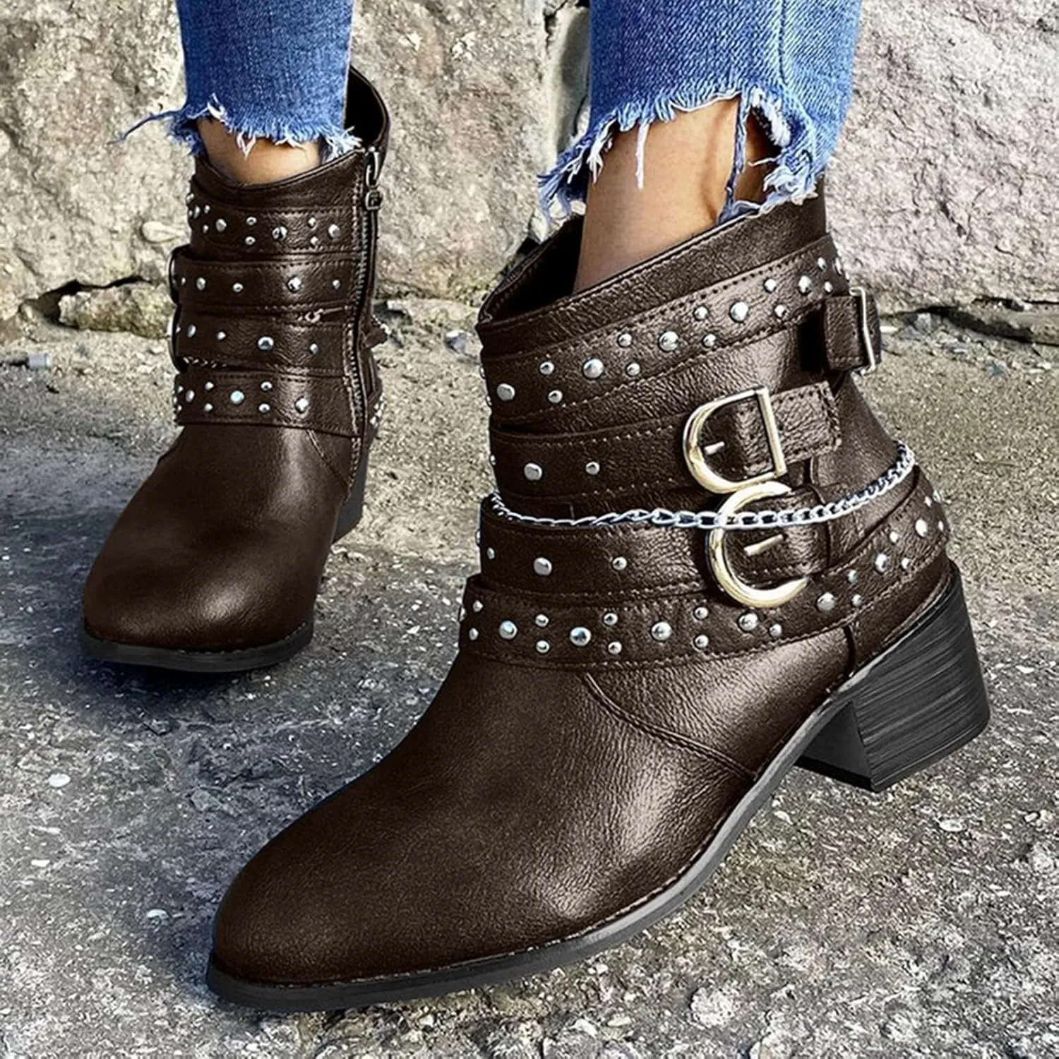 HINDOLA Womens Ankle Boots Almond Toe High Chunky Block Stacked Heels Ankle Booties Motorcycle Boots Low Heeled Booties for Women