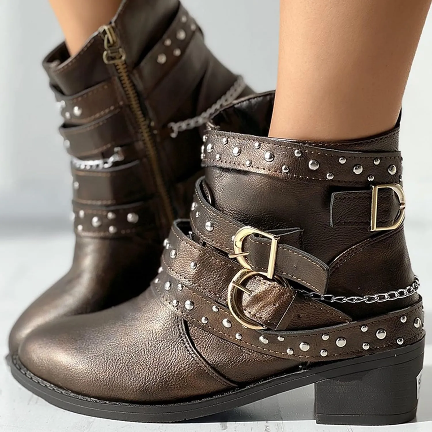 HINDOLA Womens Ankle Boots Almond Toe High Chunky Block Stacked Heels Ankle Booties Motorcycle Boots Low Heeled Booties for Women