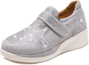HINDOLA Women's Rhinestone Sneakers Arch Support Walking Fashion Casual Glitter Bling Shoes Wide Width Walking Shoes