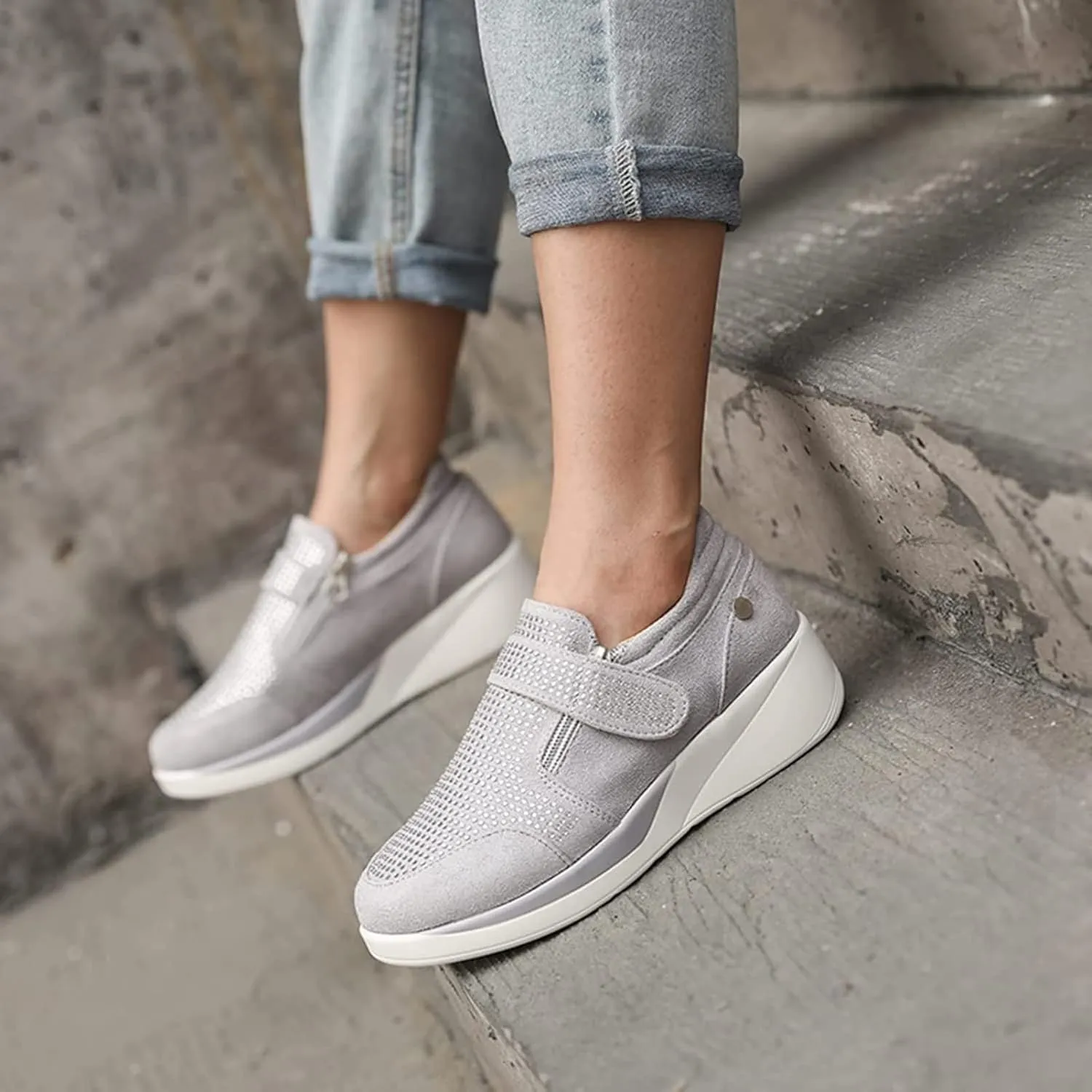 HINDOLA Women's Rhinestone Sneakers Arch Support Walking Fashion Casual Glitter Bling Shoes Wide Width Walking Shoes