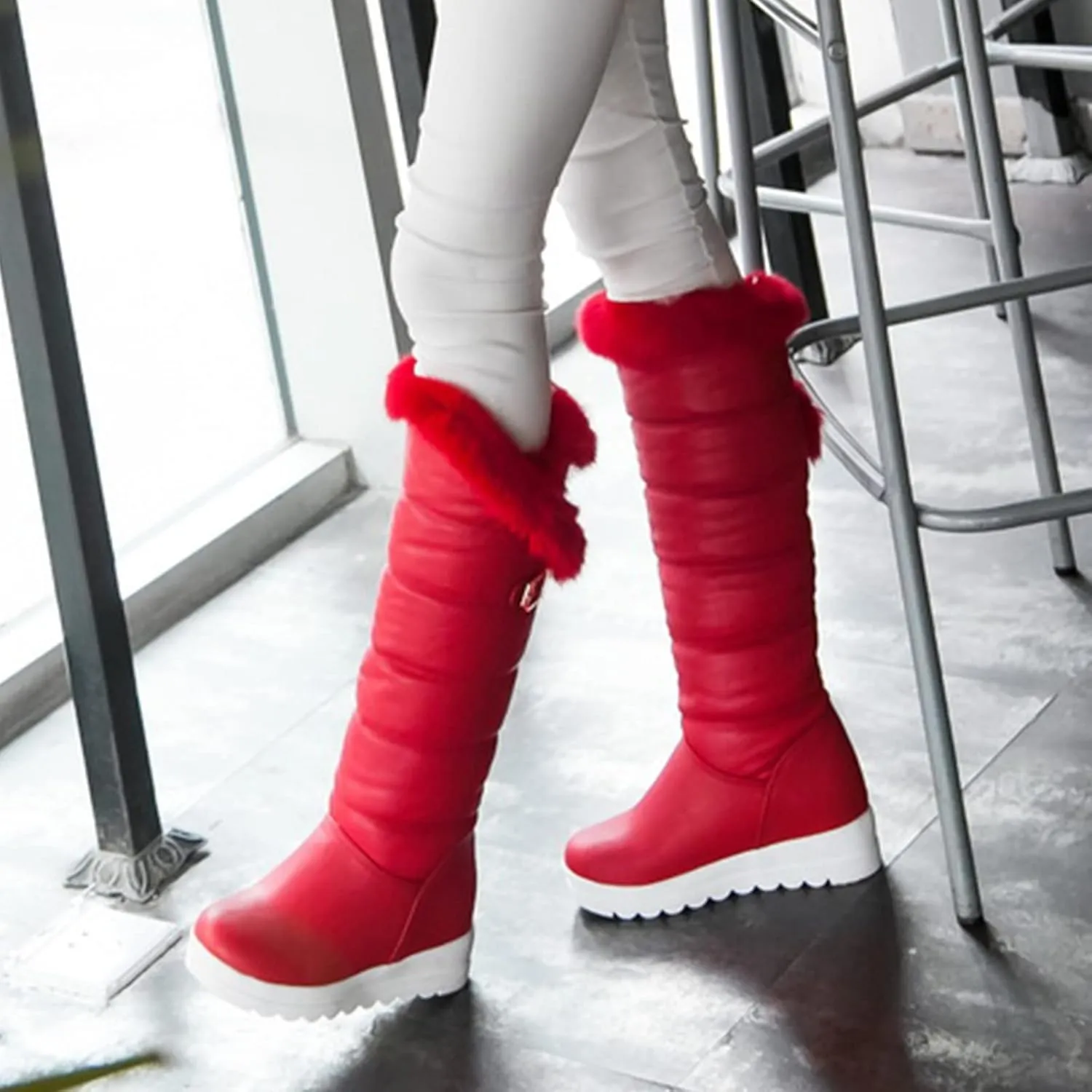 hlysgo Warm Winter Women Knee High Snow Boots Waterproof Faux Fur Lined Fleece Fuzzy Casual Booties