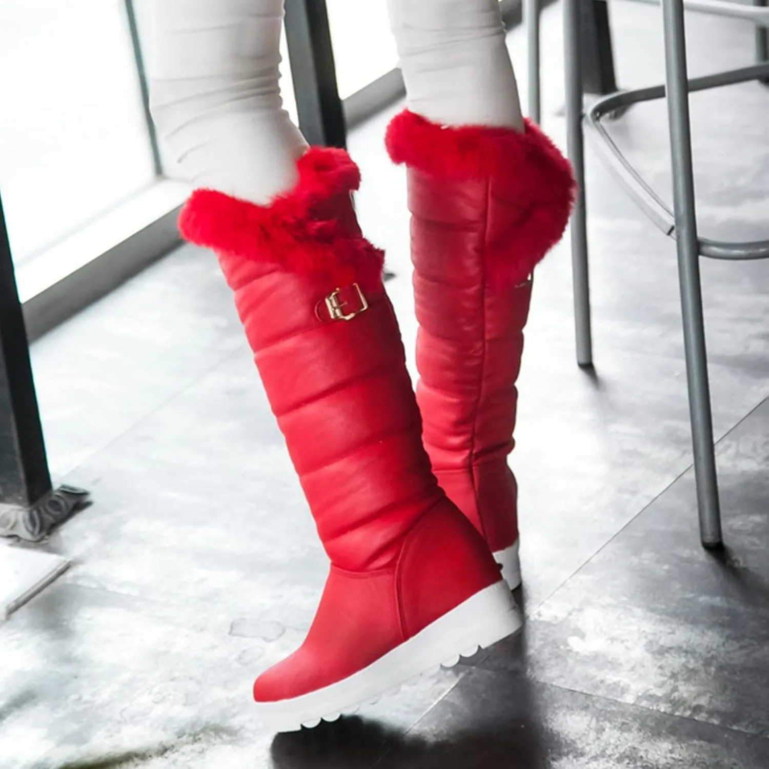 hlysgo Warm Winter Women Knee High Snow Boots Waterproof Faux Fur Lined Fleece Fuzzy Casual Booties