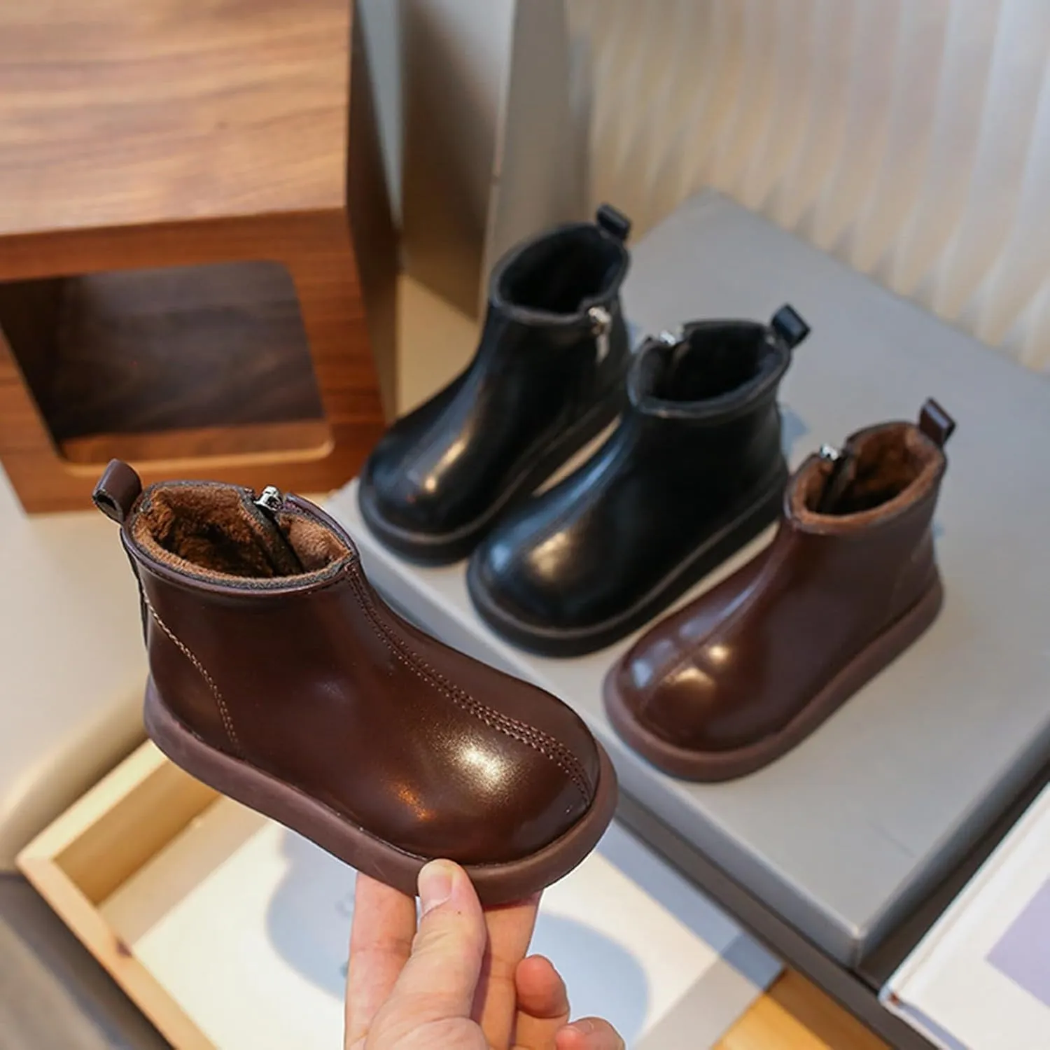 Infant Boots Girls Boys Spring Autumn Winter Baby Shoes Round Toe Ankle Boots Fashion Side Zipper Leather Comfort Shoes
