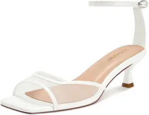 ISNOM Womens Mesh Kitten Heels Sandals Square Toe Ankle Buckle Strap Low Heels Comfort Summer Dress Shoes
