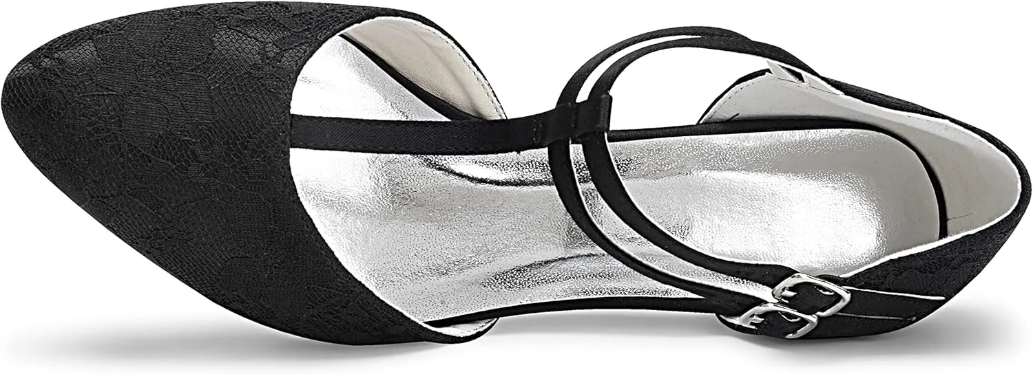 JIAJIA 00968 Women's Bridal Shoes Closed Toe T-Strap 1.9" Block Low Heel Lace Satin Pumps Wedding Shoes