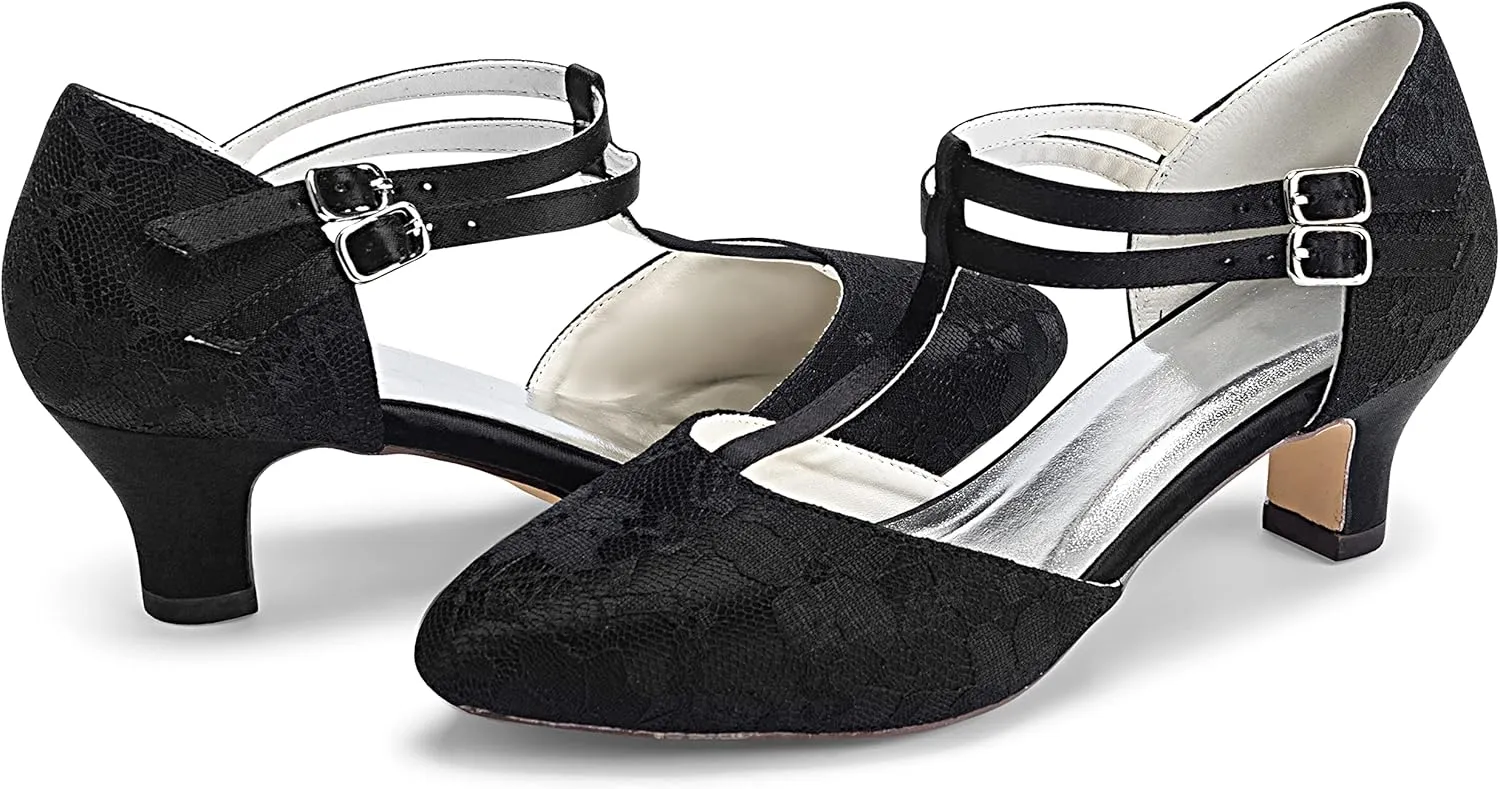 JIAJIA 00968 Women's Bridal Shoes Closed Toe T-Strap 1.9" Block Low Heel Lace Satin Pumps Wedding Shoes