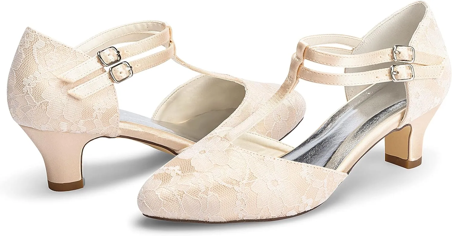 JIAJIA 00968 Women's Bridal Shoes Closed Toe T-Strap 1.9" Block Low Heel Lace Satin Pumps Wedding Shoes