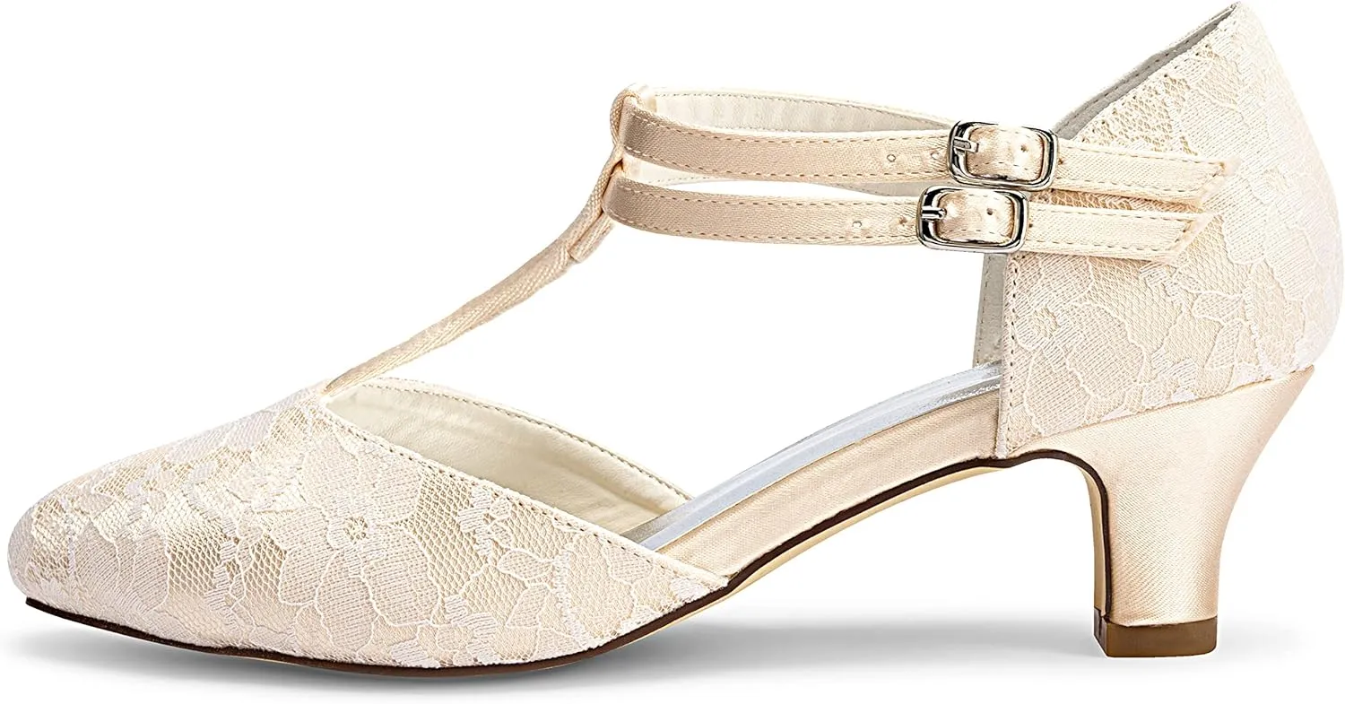 JIAJIA 00968 Women's Bridal Shoes Closed Toe T-Strap 1.9" Block Low Heel Lace Satin Pumps Wedding Shoes