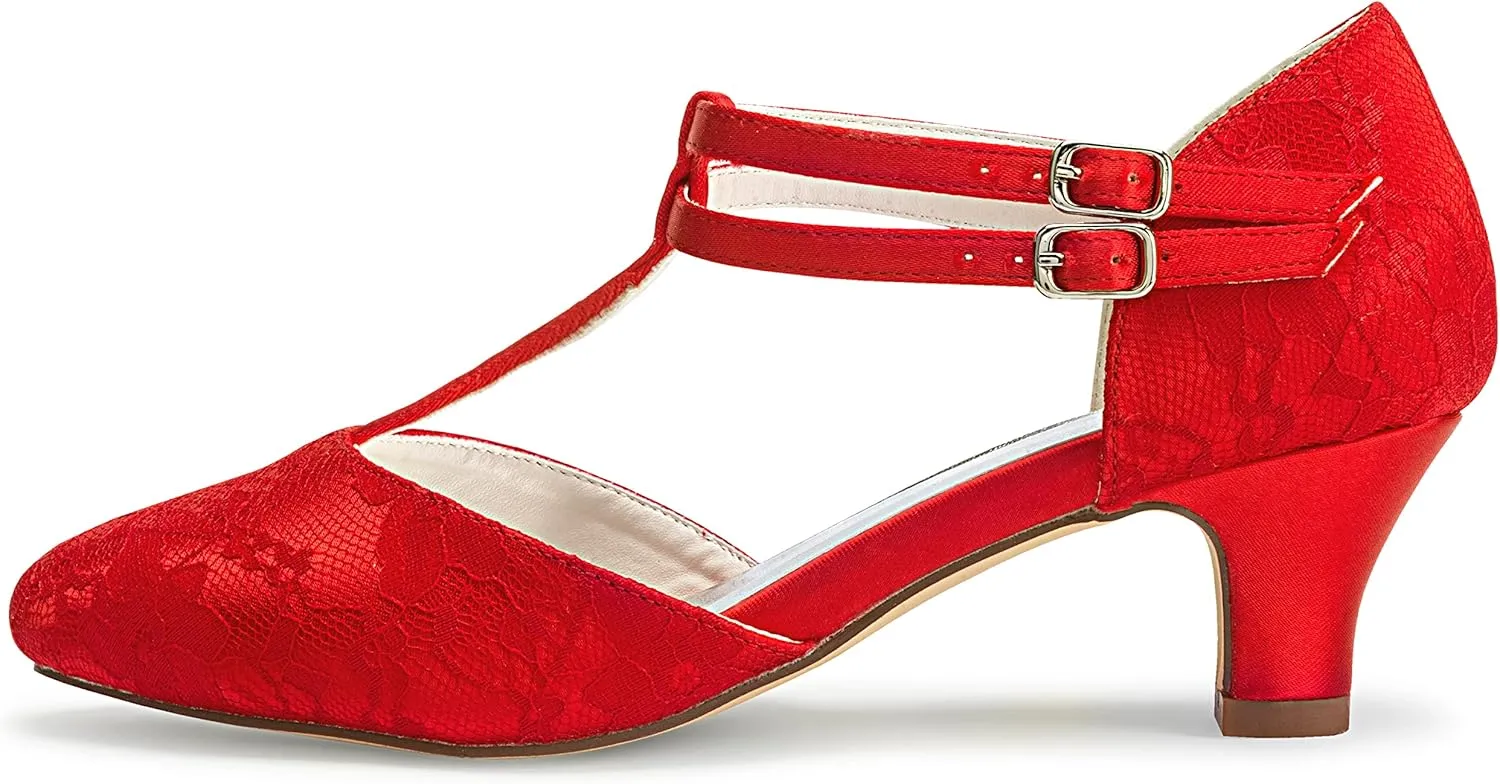 JIAJIA 00968 Women's Bridal Shoes Closed Toe T-Strap 1.9" Block Low Heel Lace Satin Pumps Wedding Shoes