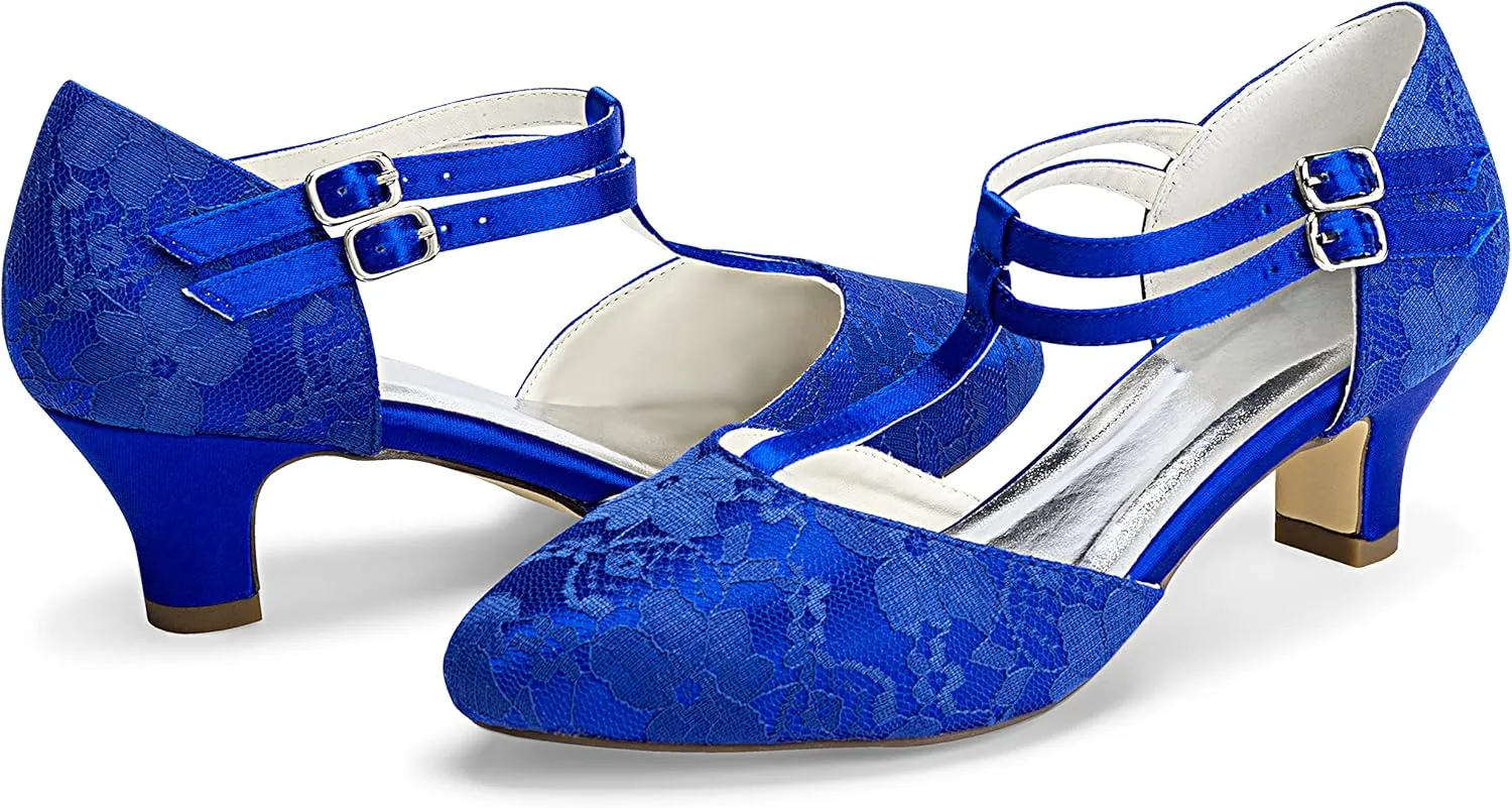 JIAJIA 00968 Women's Bridal Shoes Closed Toe T-Strap 1.9" Block Low Heel Lace Satin Pumps Wedding Shoes