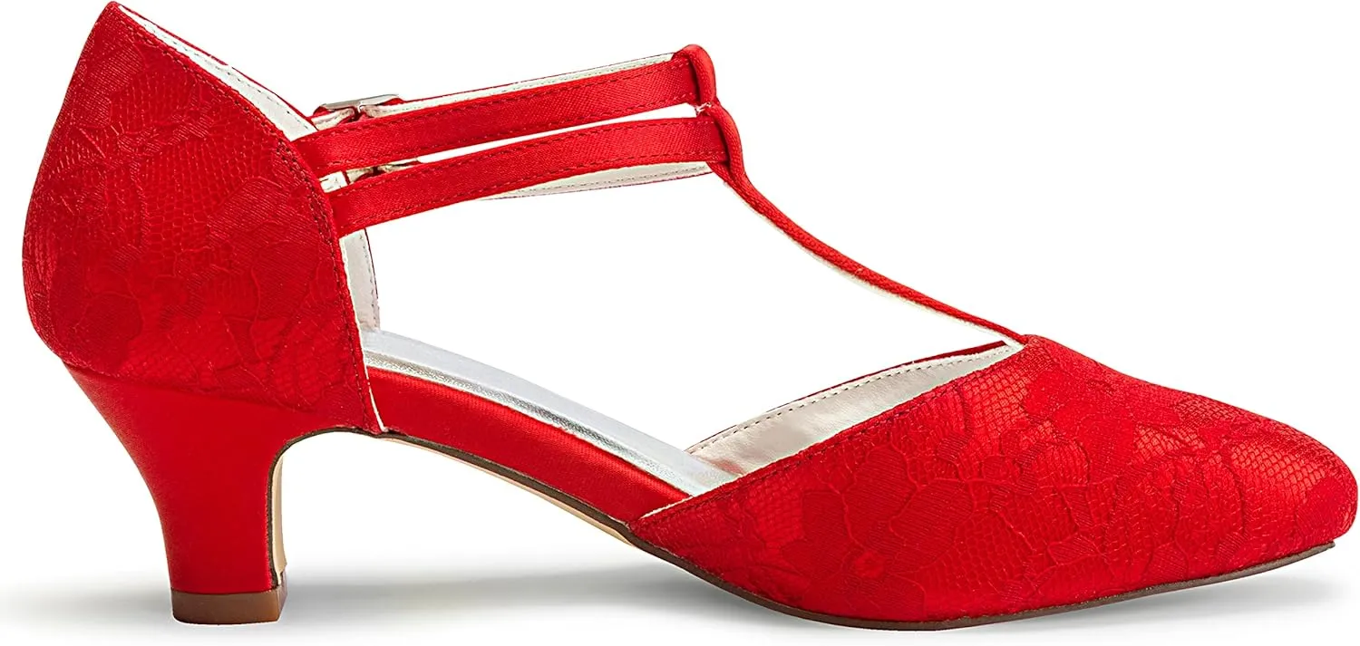JIAJIA 00968 Women's Bridal Shoes Closed Toe T-Strap 1.9" Block Low Heel Lace Satin Pumps Wedding Shoes
