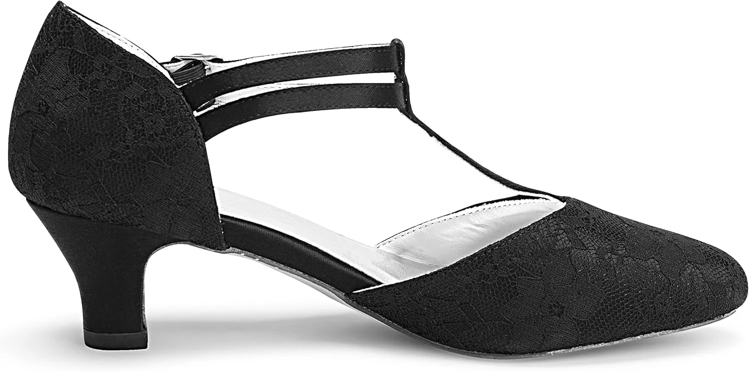 JIAJIA 00968 Women's Bridal Shoes Closed Toe T-Strap 1.9" Block Low Heel Lace Satin Pumps Wedding Shoes