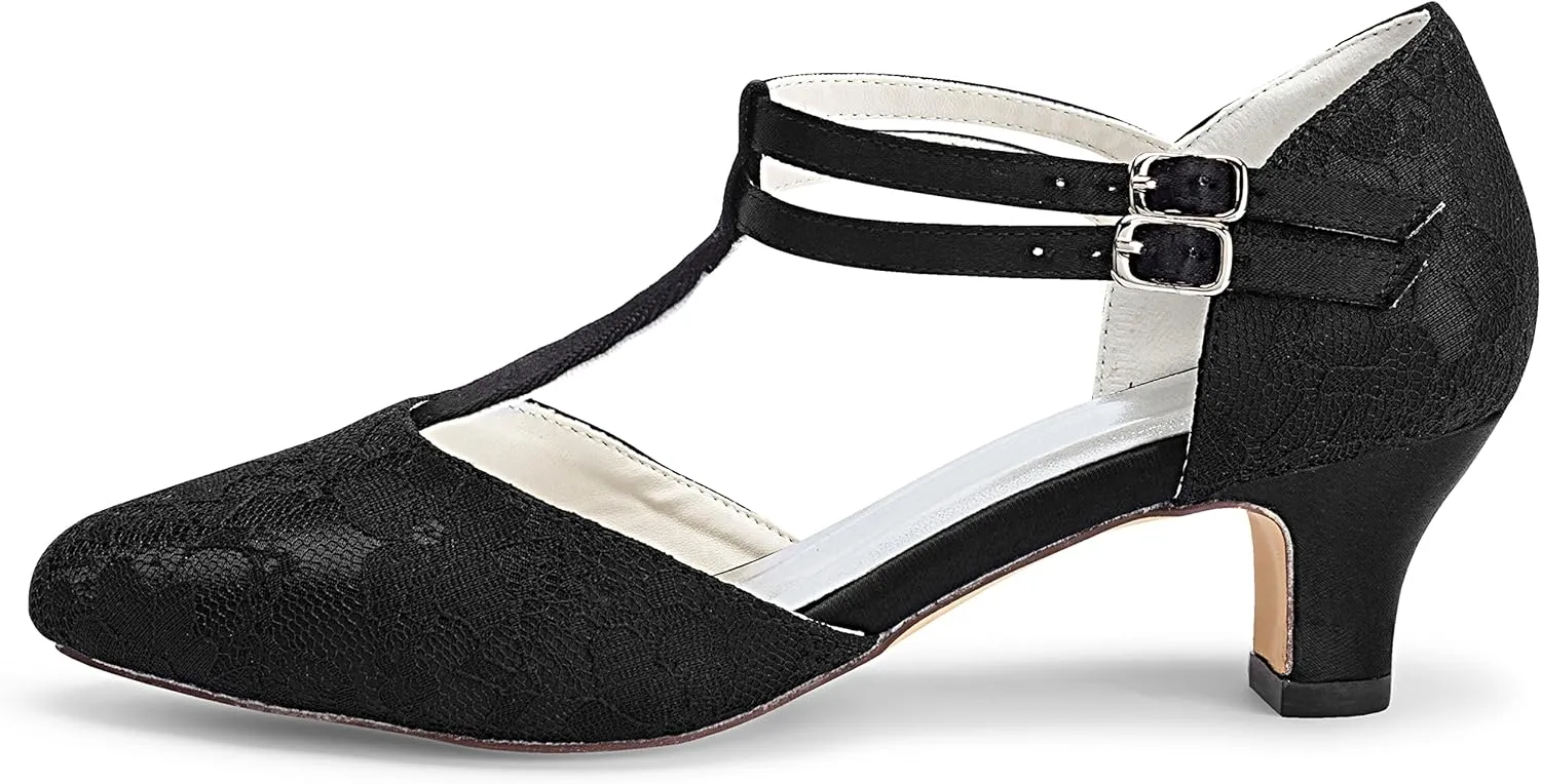 JIAJIA 00968 Women's Bridal Shoes Closed Toe T-Strap 1.9" Block Low Heel Lace Satin Pumps Wedding Shoes