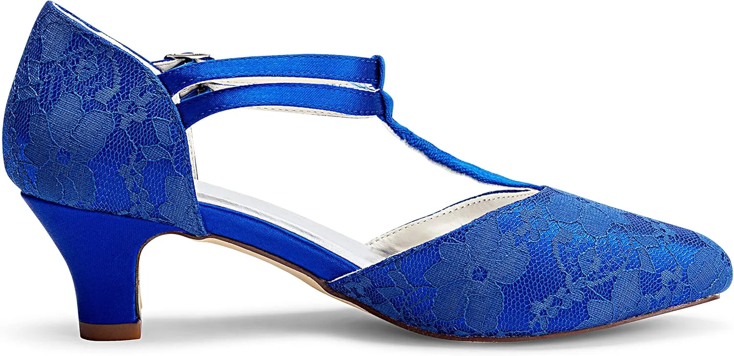 JIAJIA 00968 Women's Bridal Shoes Closed Toe T-Strap 1.9" Block Low Heel Lace Satin Pumps Wedding Shoes