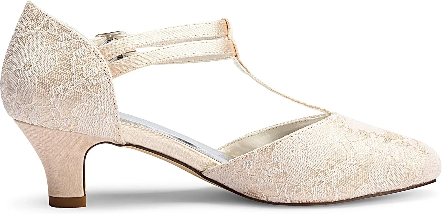 JIAJIA 00968 Women's Bridal Shoes Closed Toe T-Strap 1.9" Block Low Heel Lace Satin Pumps Wedding Shoes