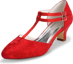 JIAJIA 00968 Women's Bridal Shoes Closed Toe T-Strap 1.9" Block Low Heel Lace Satin Pumps Wedding Shoes