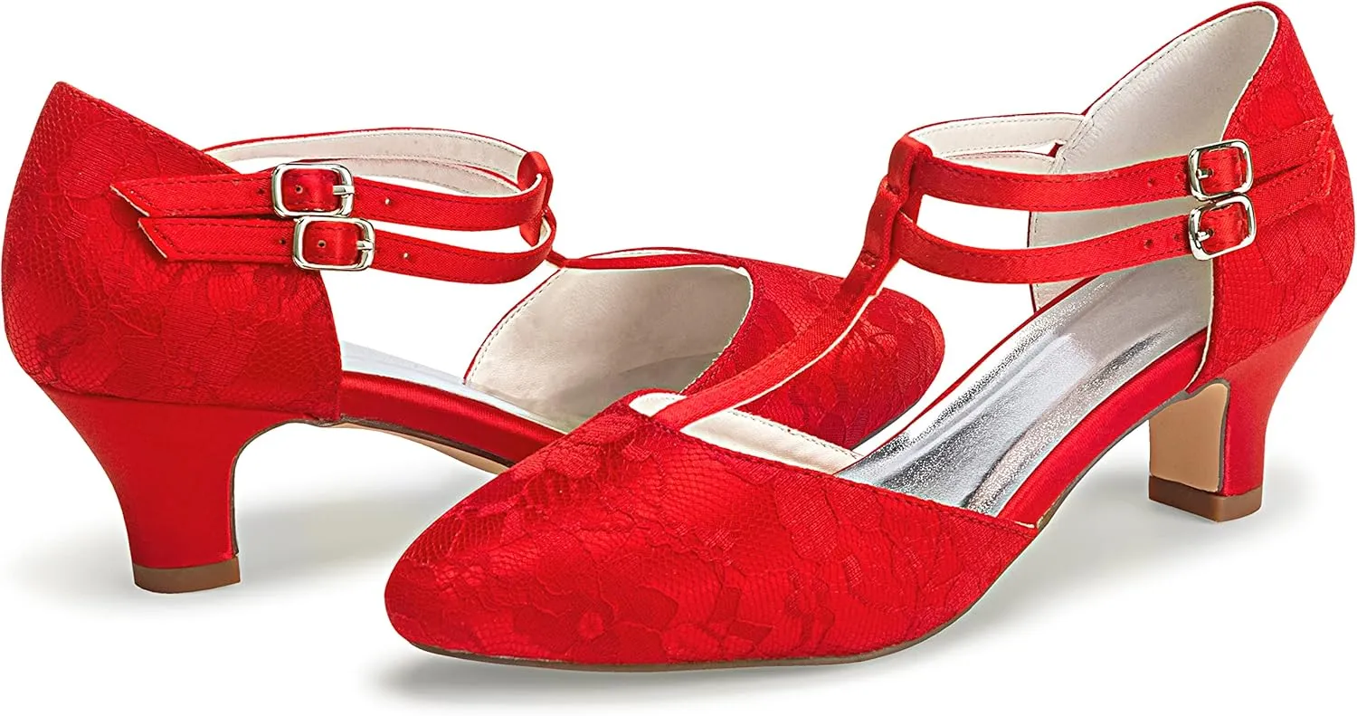 JIAJIA 00968 Women's Bridal Shoes Closed Toe T-Strap 1.9" Block Low Heel Lace Satin Pumps Wedding Shoes