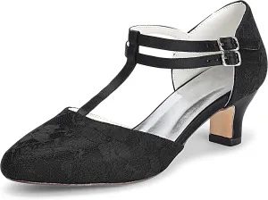 JIAJIA 00968 Women's Bridal Shoes Closed Toe T-Strap 1.9" Block Low Heel Lace Satin Pumps Wedding Shoes
