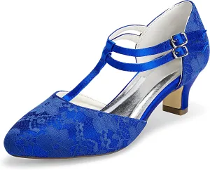JIAJIA 00968 Women's Bridal Shoes Closed Toe T-Strap 1.9" Block Low Heel Lace Satin Pumps Wedding Shoes