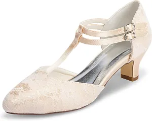 JIAJIA 00968 Women's Bridal Shoes Closed Toe T-Strap 1.9" Block Low Heel Lace Satin Pumps Wedding Shoes