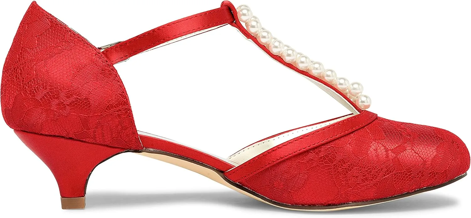 JIAJIA 01129 Women's Bridal Shoes Closed Toe T-Strap 1.8'' Low Heel Lace Satin Pumps Imitation Wedding Shoes