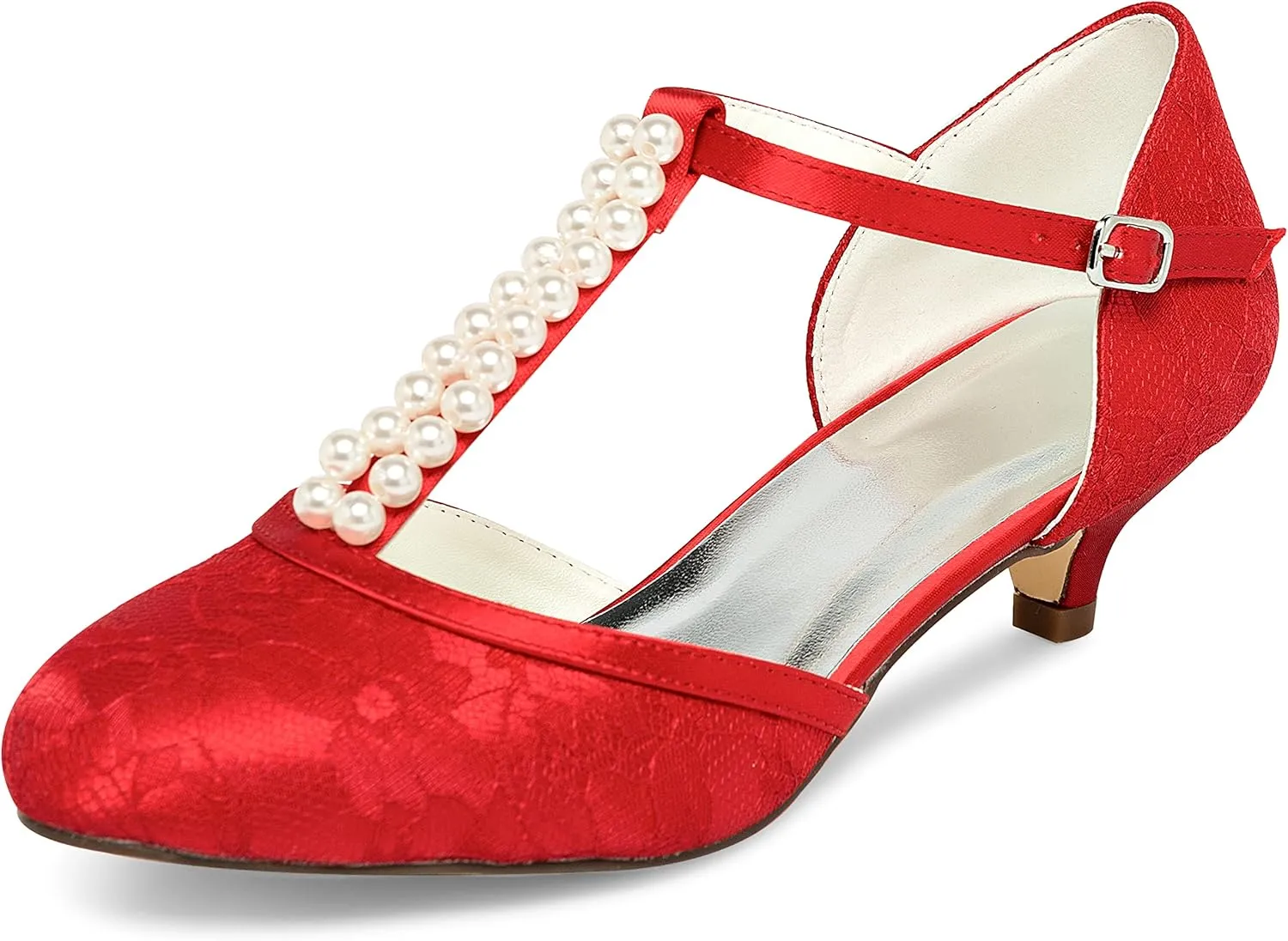 JIAJIA 01129 Women's Bridal Shoes Closed Toe T-Strap 1.8'' Low Heel Lace Satin Pumps Imitation Wedding Shoes