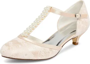 JIAJIA 01129 Women's Bridal Shoes Closed Toe T-Strap 1.8'' Low Heel Lace Satin Pumps Imitation Wedding Shoes
