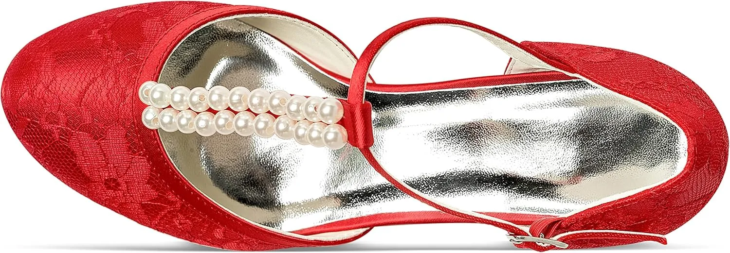 JIAJIA 01129 Women's Bridal Shoes Closed Toe T-Strap 1.8'' Low Heel Lace Satin Pumps Imitation Wedding Shoes
