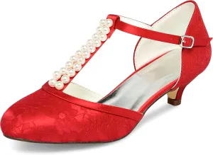 JIAJIA 01129 Women's Bridal Shoes Closed Toe T-Strap 1.8'' Low Heel Lace Satin Pumps Imitation Wedding Shoes